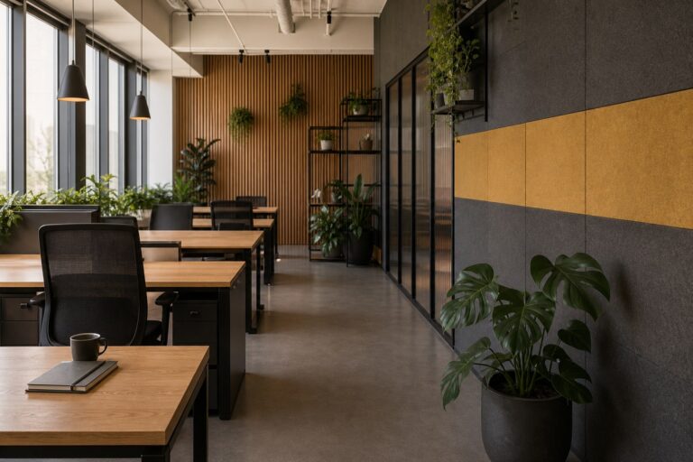 Wnętrze biura open space z drewnianymi biurkami, panelami akustycznymi i zielenią