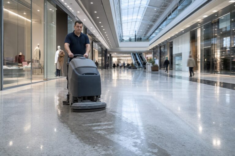 Pracownik serwisu czystości prowadzi maszynę szorującą w pasażu galerii handlowej