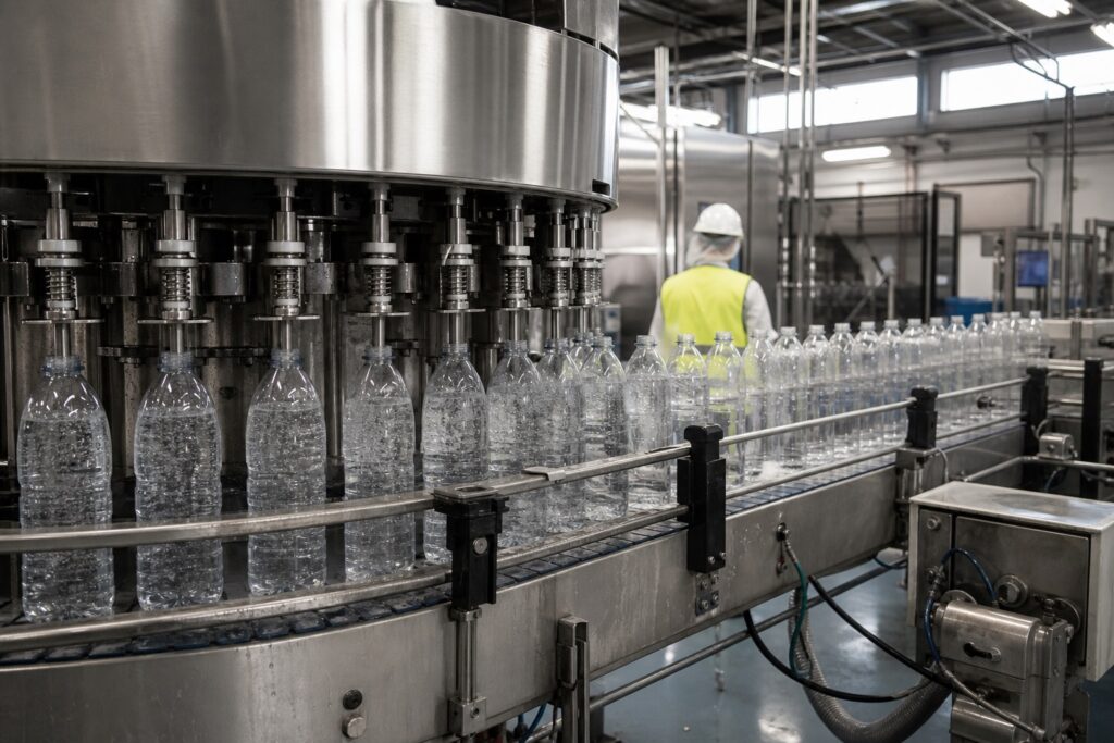 Nalewarka rozlewająca płyn do butelek na linii produkcyjnej w zakładzie