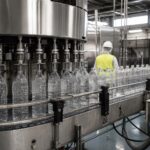 Nalewarka rozlewająca płyn do butelek na linii produkcyjnej w zakładzie